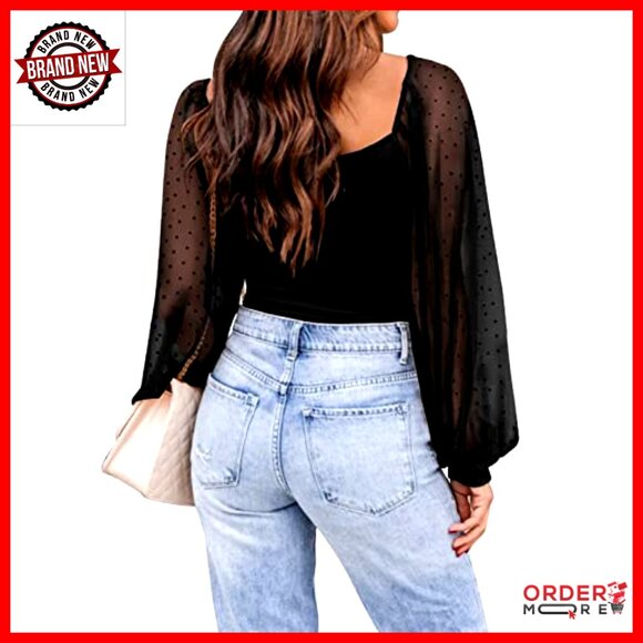 Mesh Long Sleeve Blouse Square Neck Puff Sleeve See-Through Tops - Picture 4 of 7
